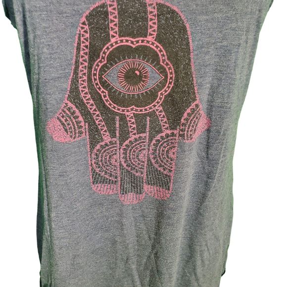Think Positive Womens Blue Graphic Hamsa Hand Third Eye Good Luck Tank Top Sz L - Picture 2 of 6